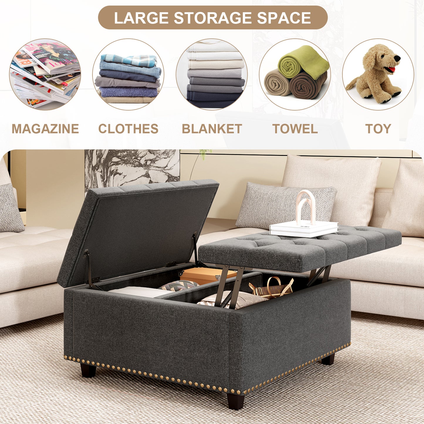 Dark grey tufted storage ottoman with gold nailhead trim