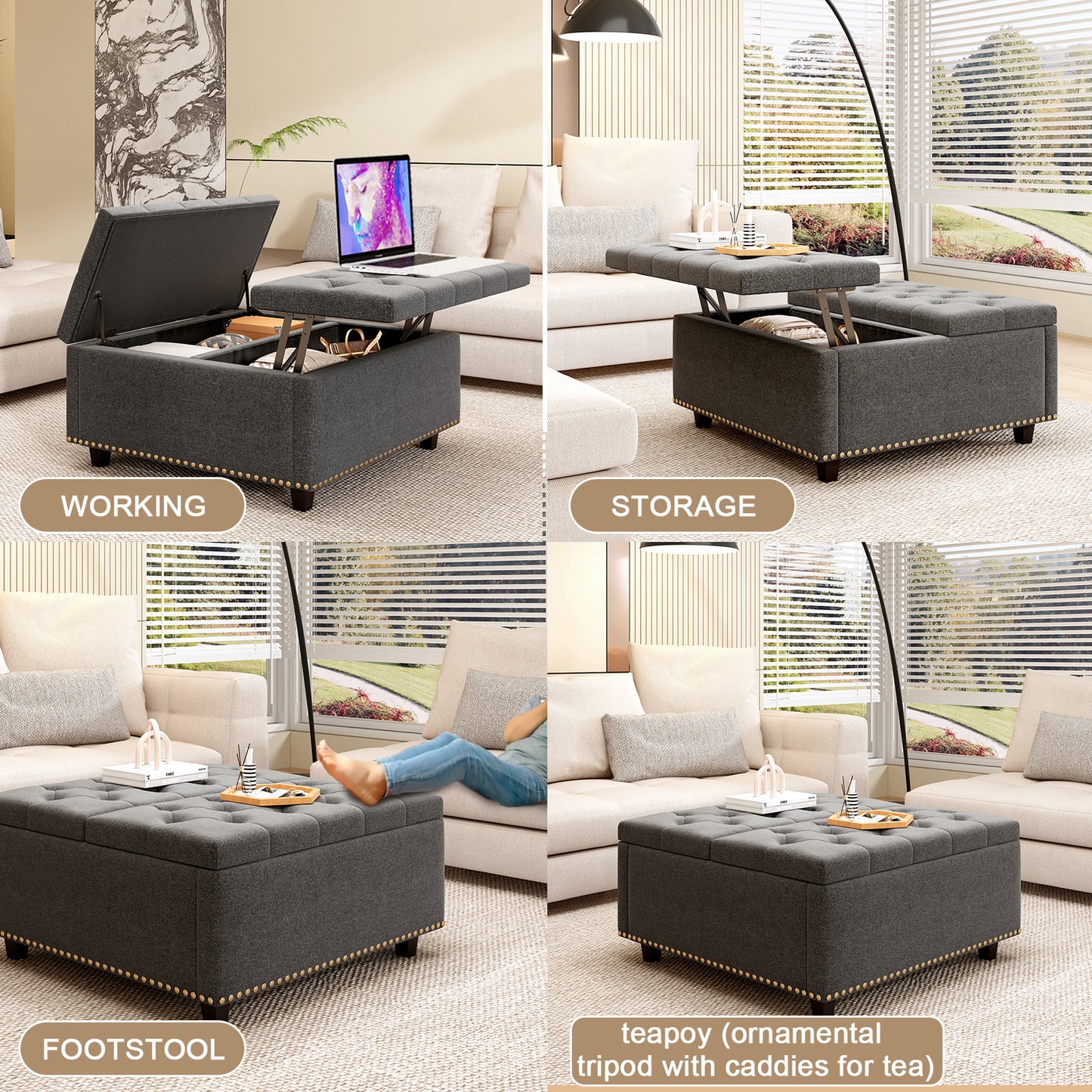 Dark grey upholstered ottoman with open storage and lifted tray for laptop serving home office needs