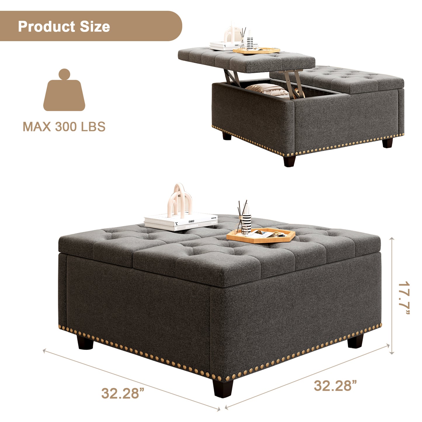 Tufted charcoal grey storage ottoman with lifttop coffee table feature and decorative nailhead trim