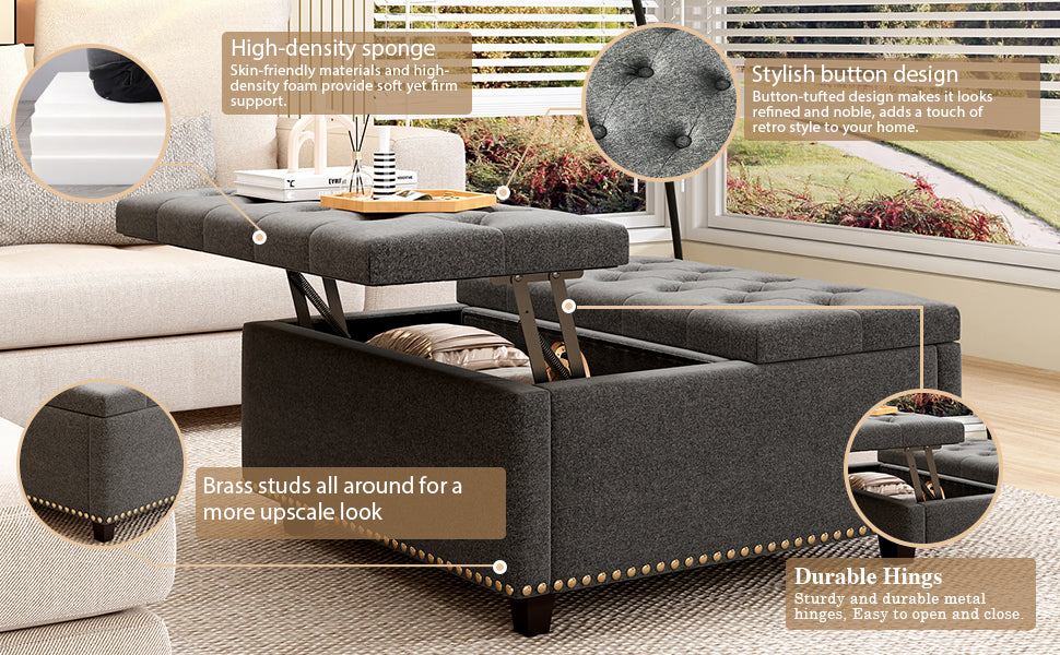 Dark gray tufted storage ottoman with lifted lid and hidden interior