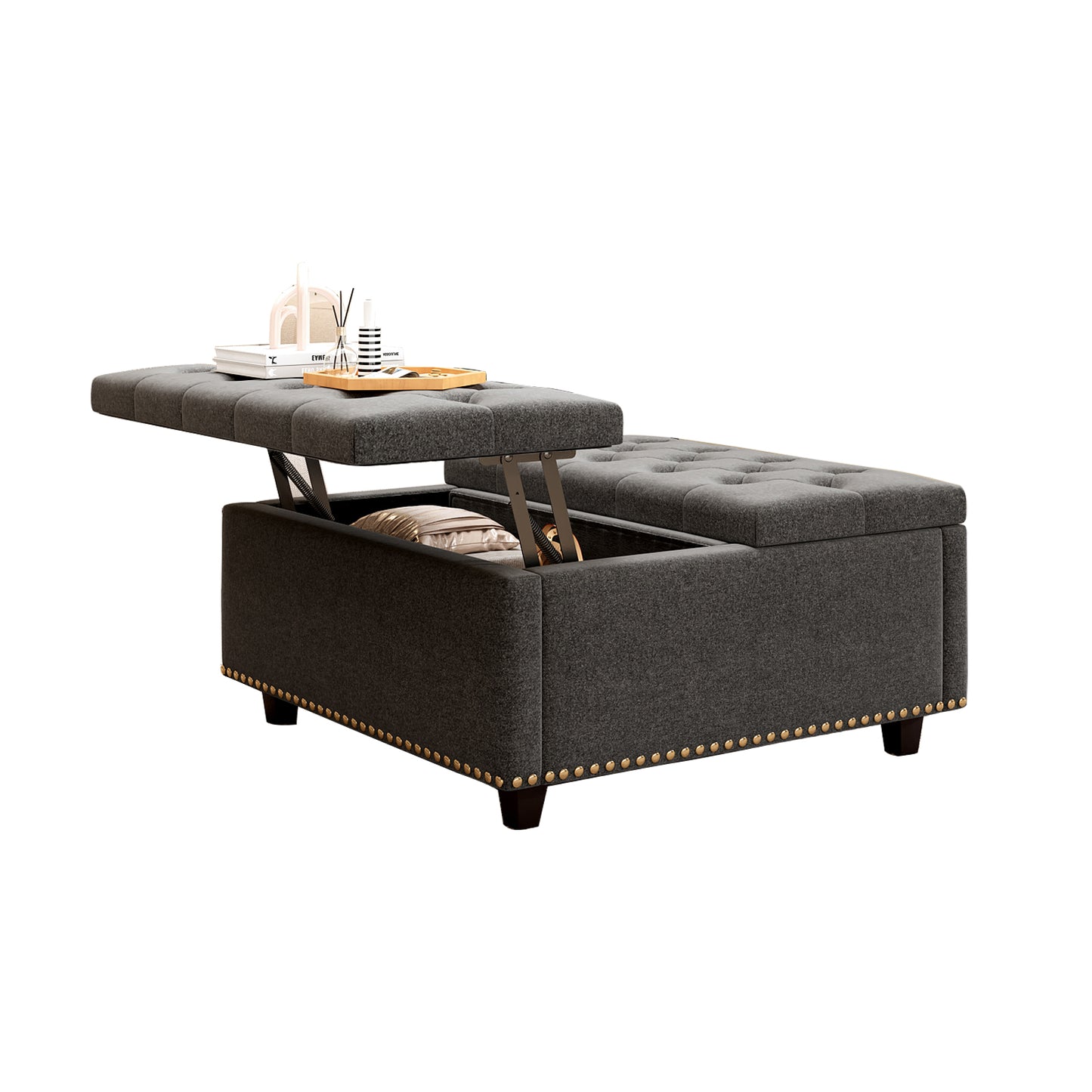 Dark grey tufted storage ottoman with lifttop revealing hidden compartment and decorative nailhead trim