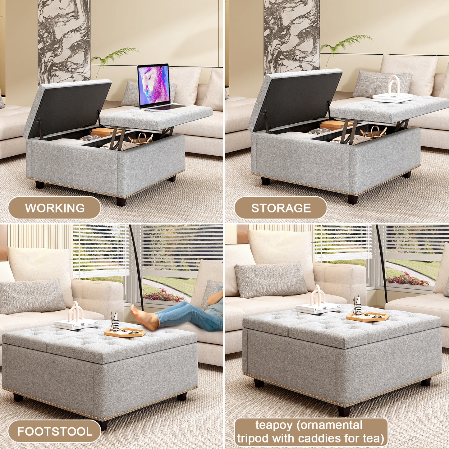 Grey fabric ottoman with lifttop for laptop work