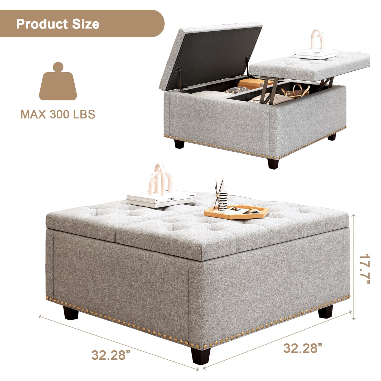 Tufted grey storage ottoman with lifttop lid revealing hidden storage W