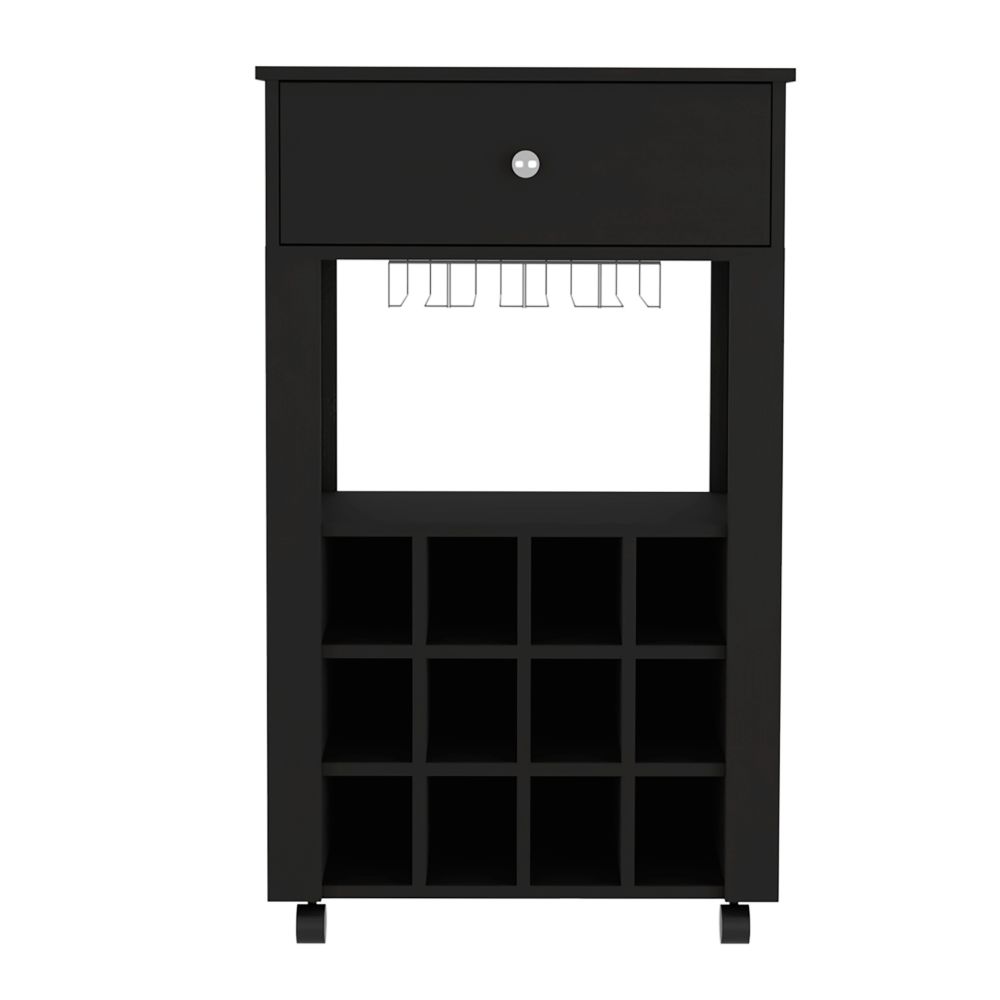 Black kitchen cart with wine rack and glass holder