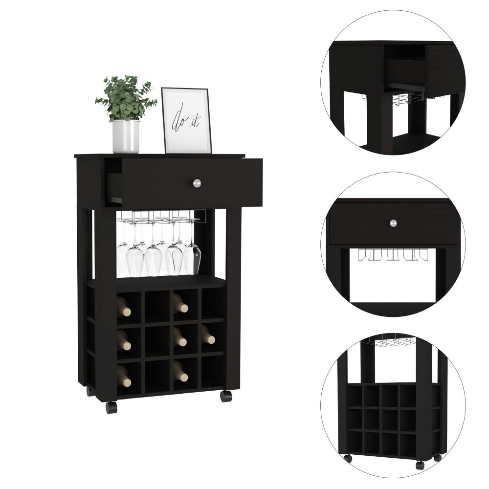 Black wine cart with glass rack and bottle slots