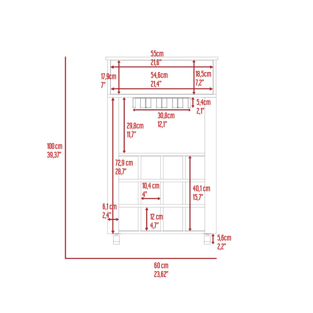 Product dimensions cm H x cm W with multiple shelves for organization