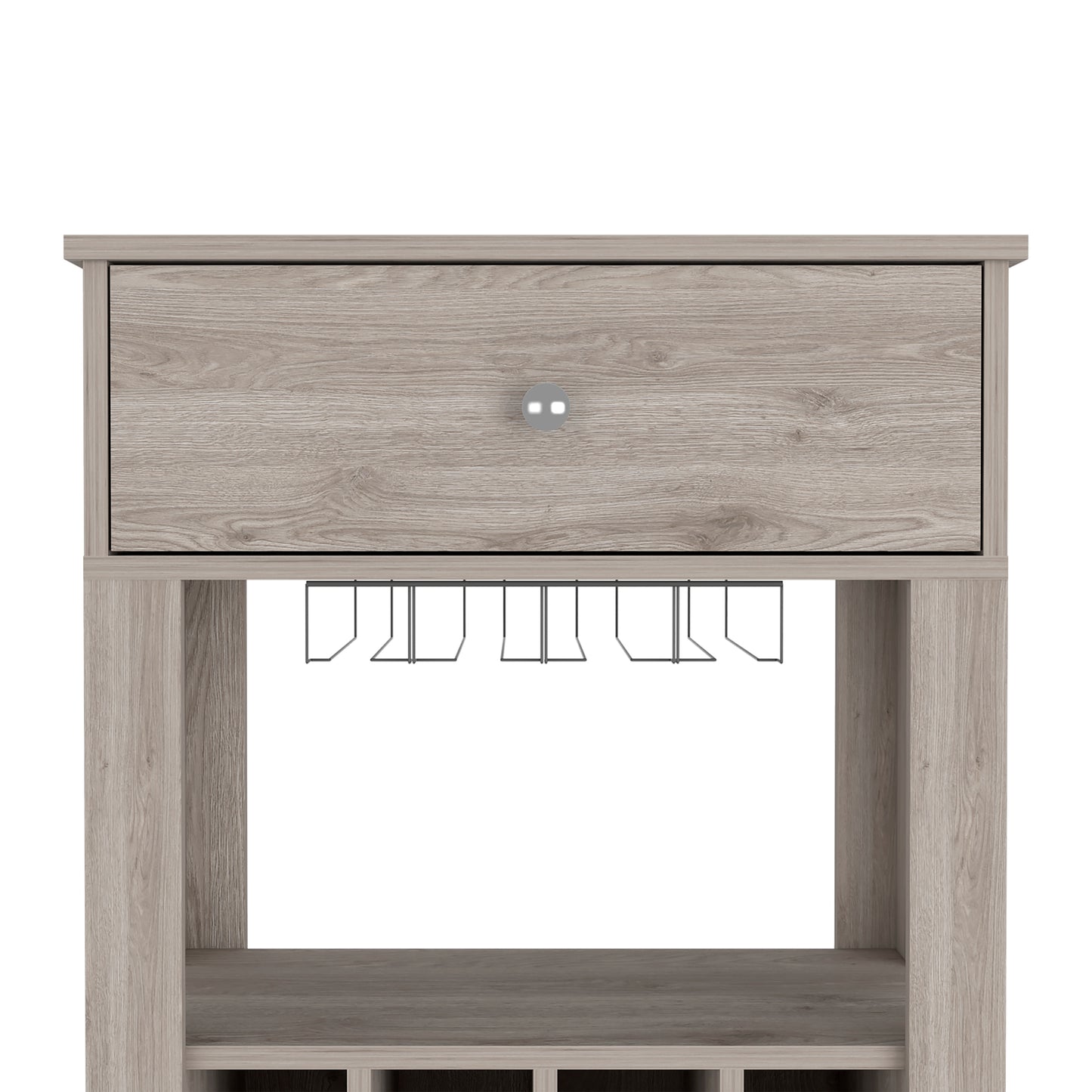 Rustic oak bar cart with wine glass rack and drawer