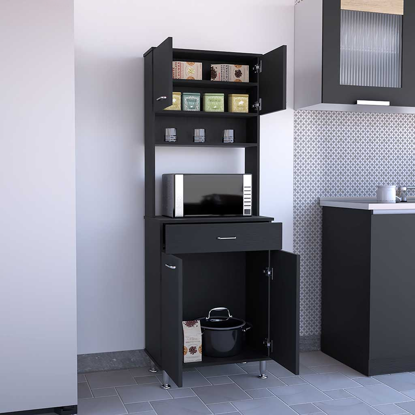 Black kitchen pantry cabinet with open doors showing storage and microwave