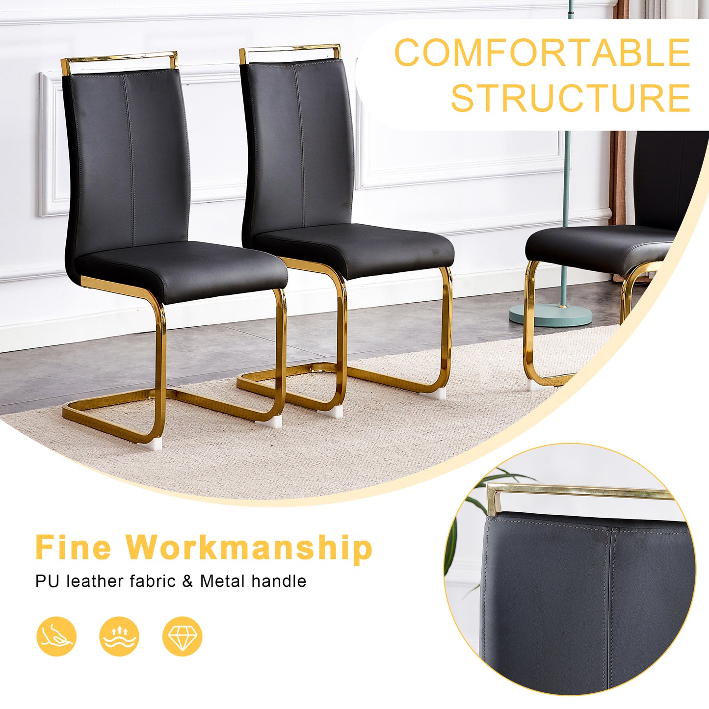 Modern black PU leather dining chairs with gold metal cantilever bases