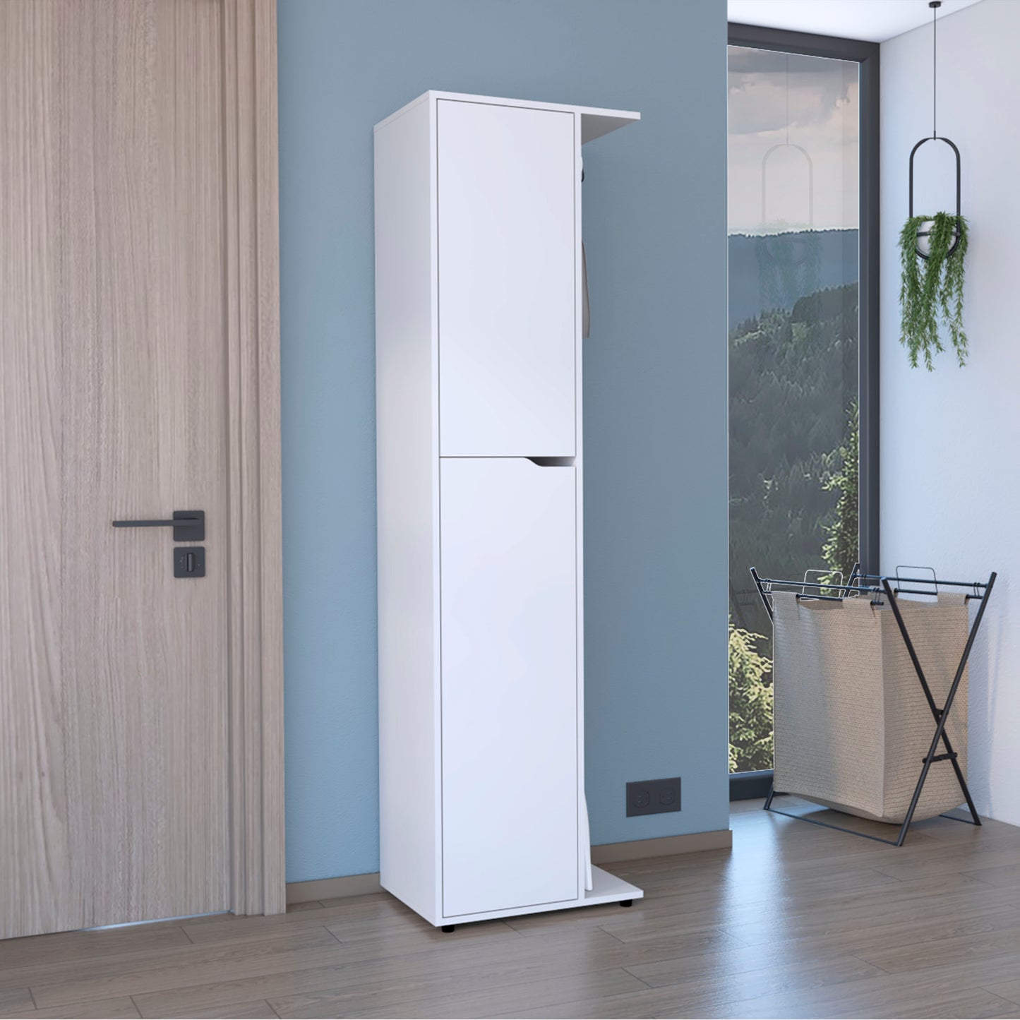 Tall white entryway cabinet with hidden storage