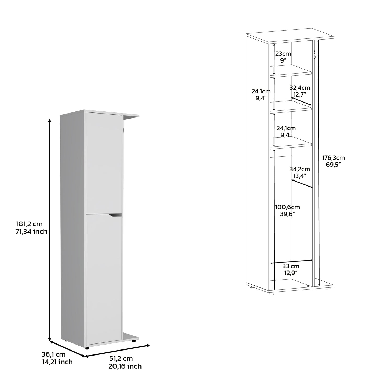 White tall narrow storage cabinet with one door and open shelving