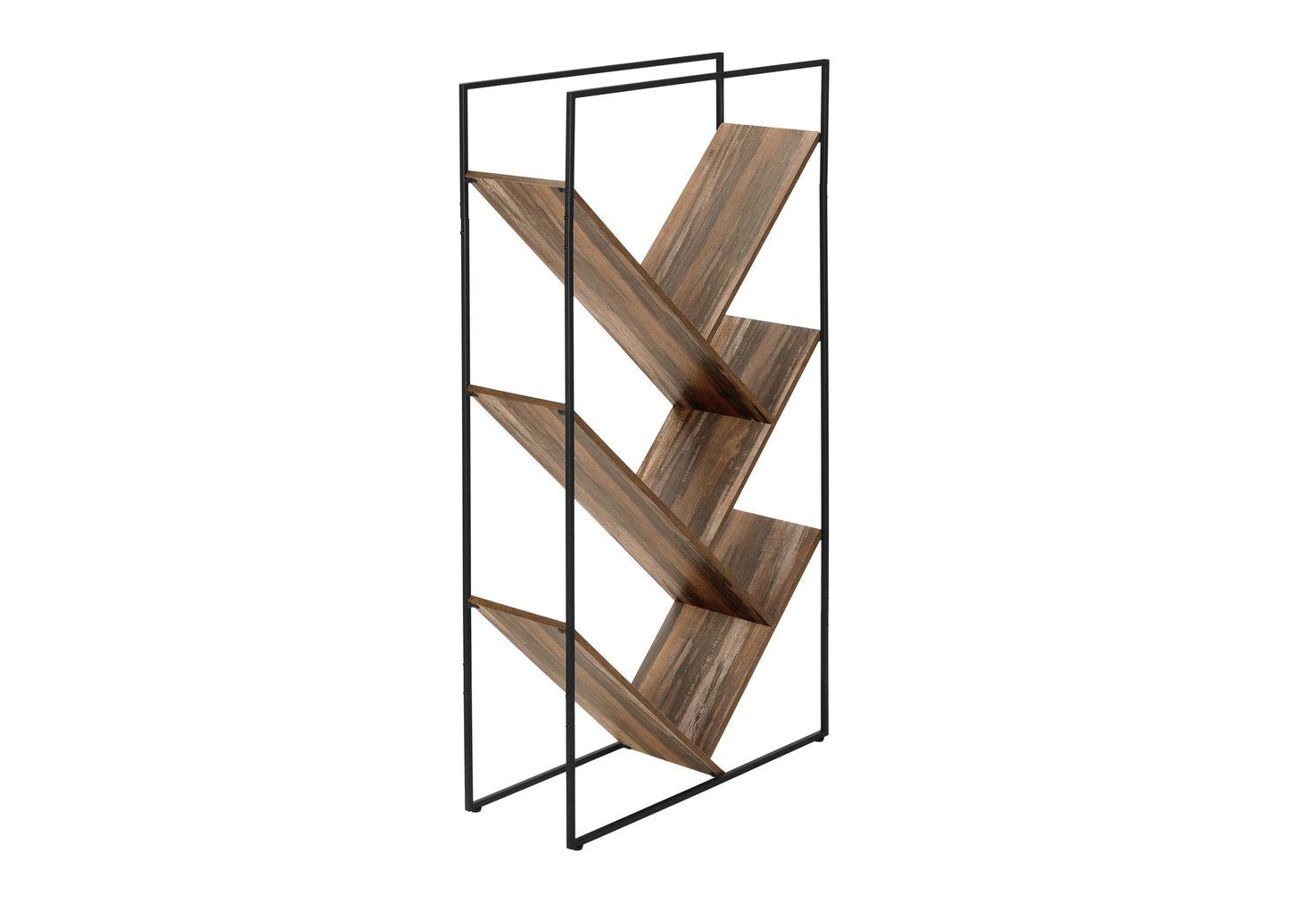 Black metal frame geometric bookshelf with staggered distressed wood shelves