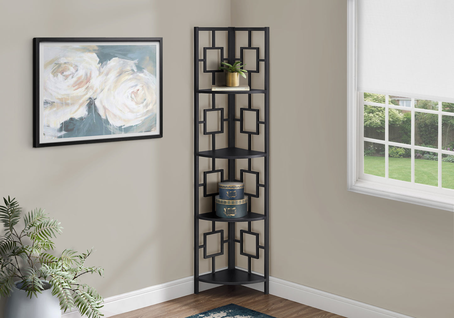 Black metal geometric corner shelf with five tiers