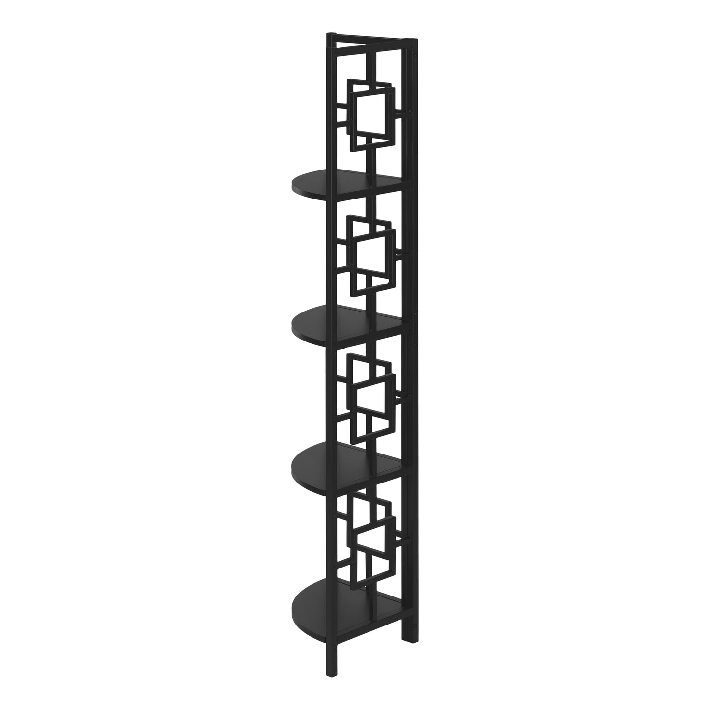 Tall black metal shelving unit with geometric cutouts and curved shelves for plants or decor