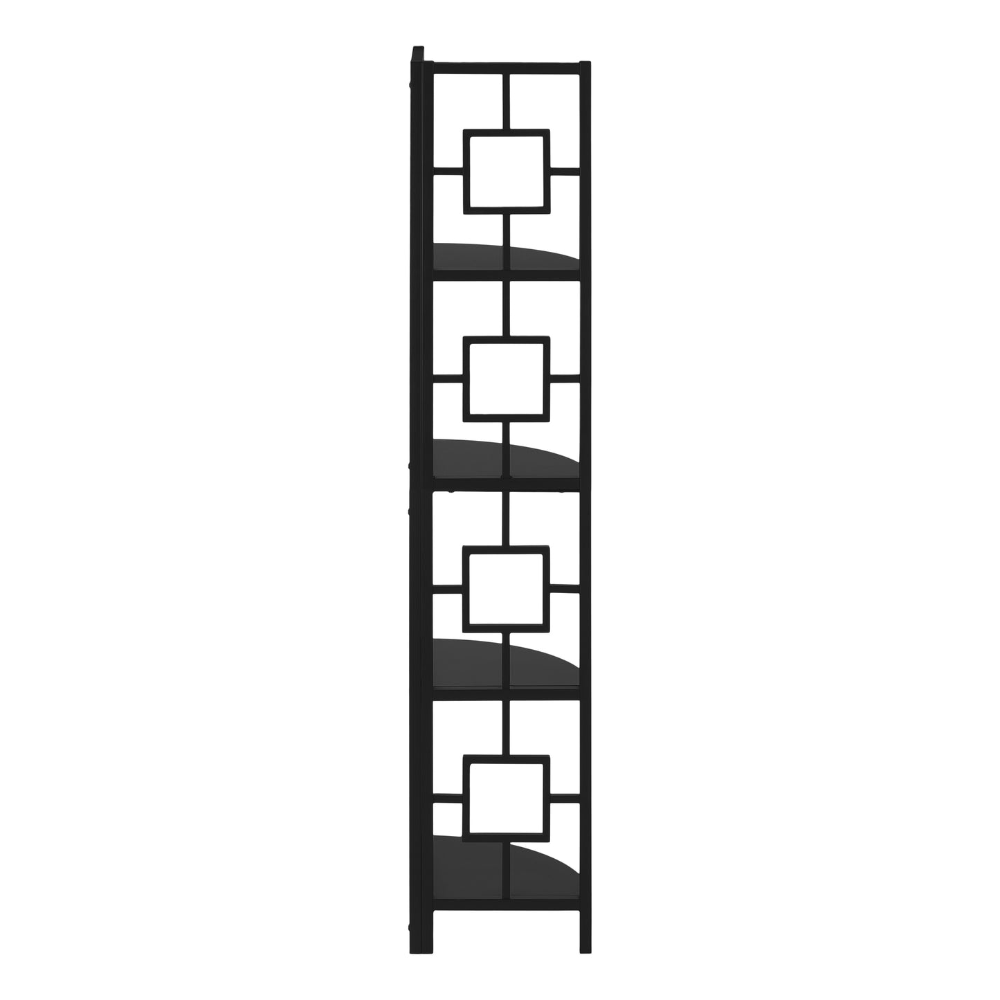 Black metal shelving unit with geometric squares design