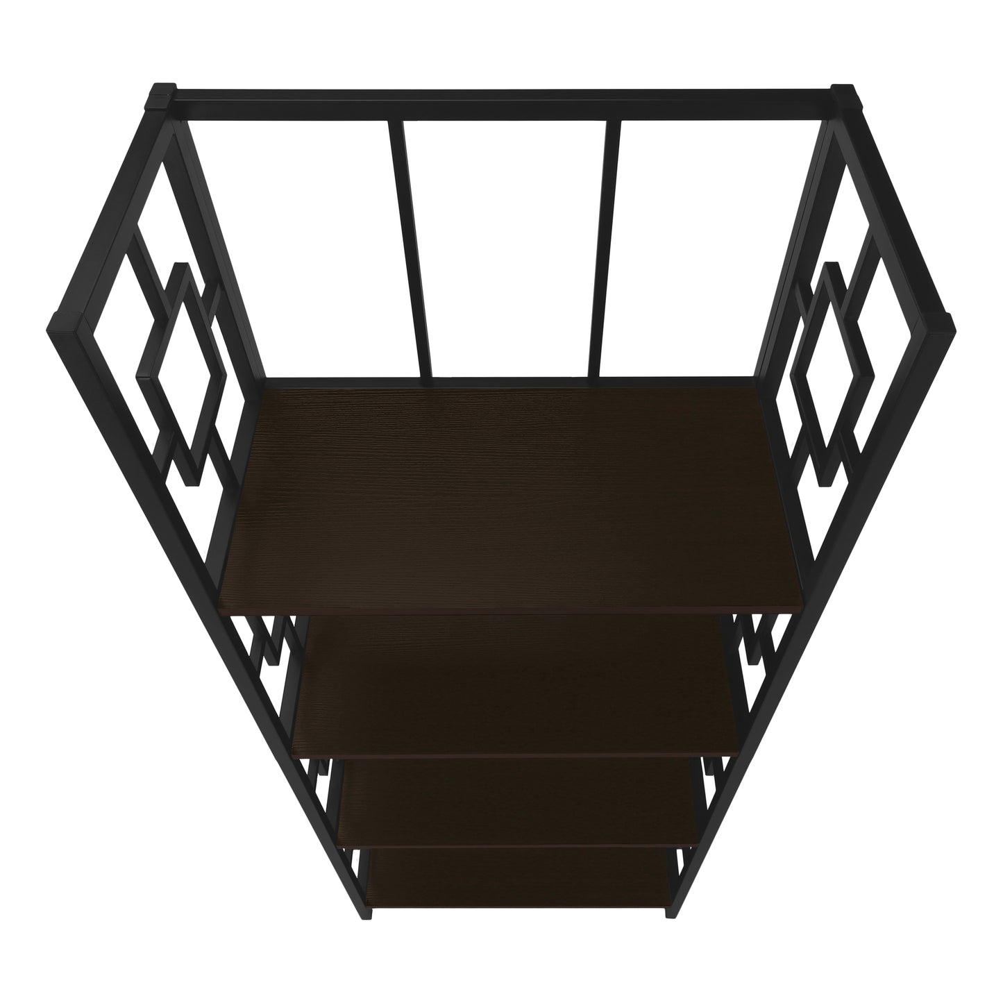 Black metal geometric etagere shelf with dark wood planks