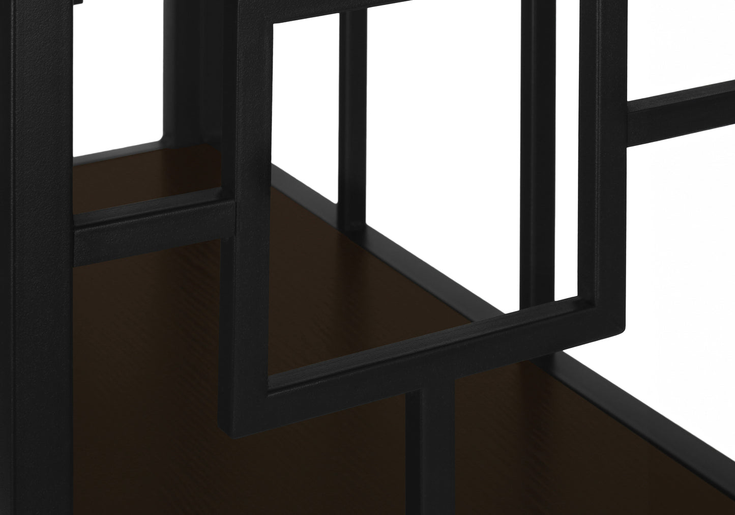 Closeup of a modern black metal bookshelf frame with dark wood shelves