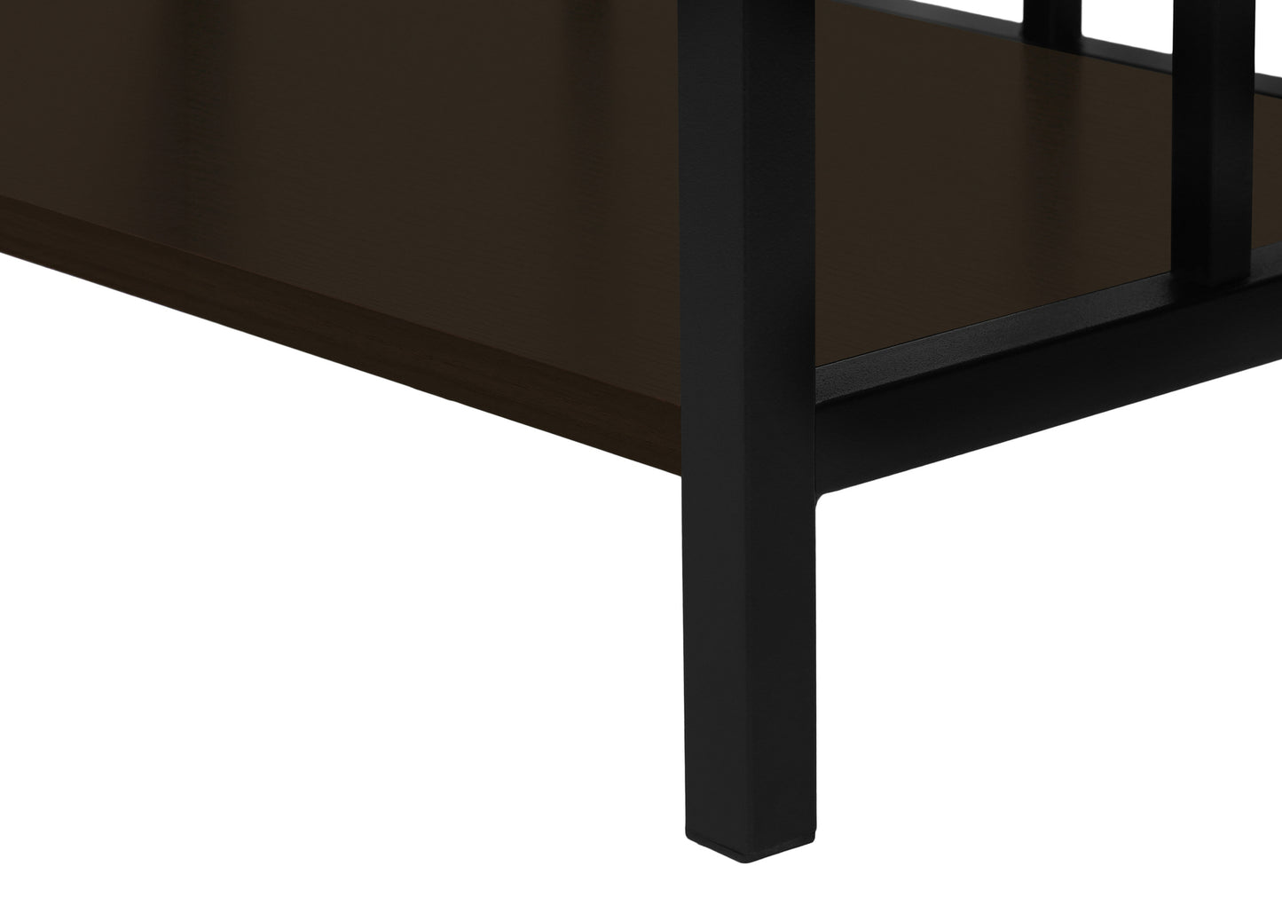 Dark wood shelf with black metal frame leg