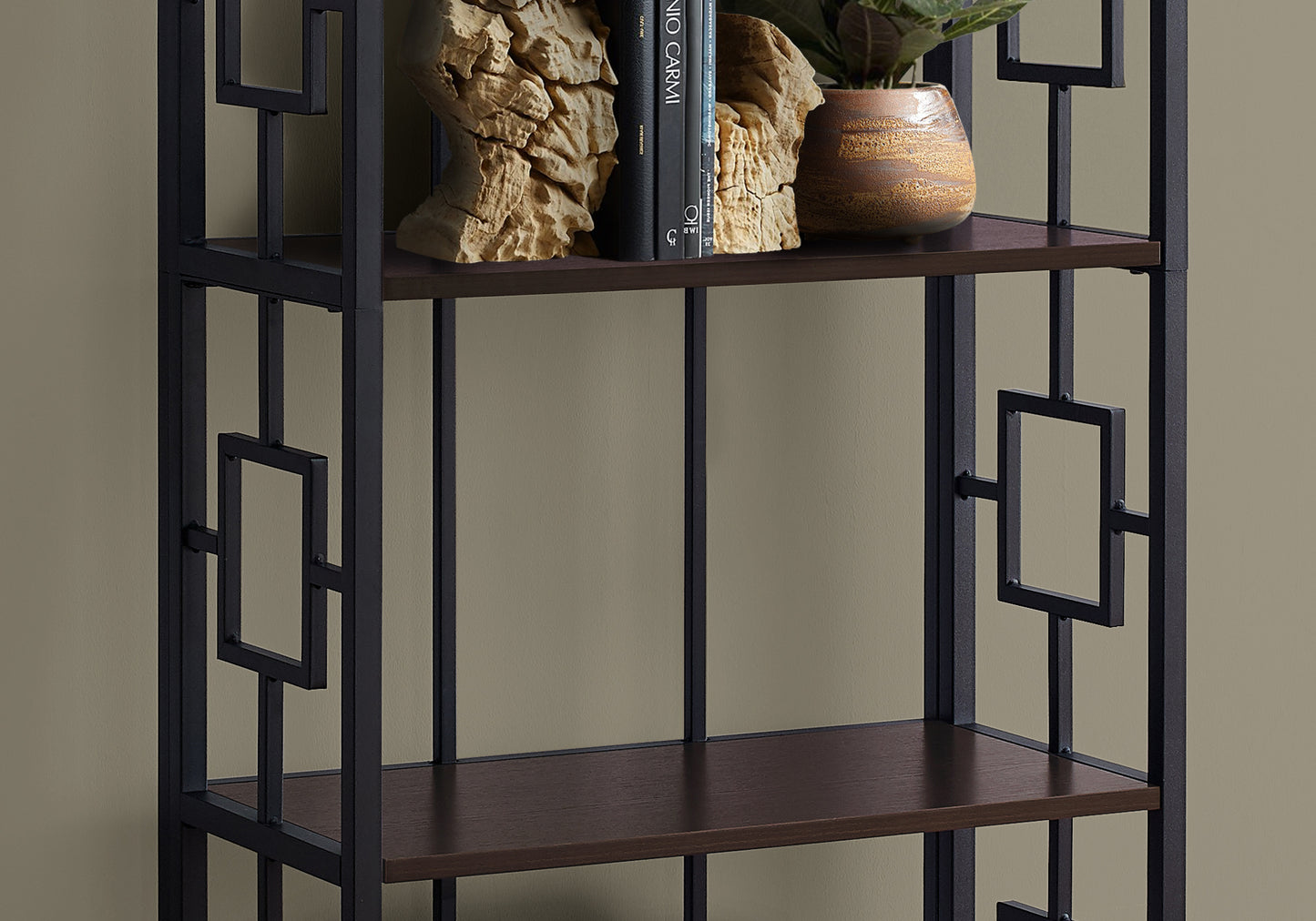 Black metal etagere bookshelf with dark wood shelves and geometric side accents