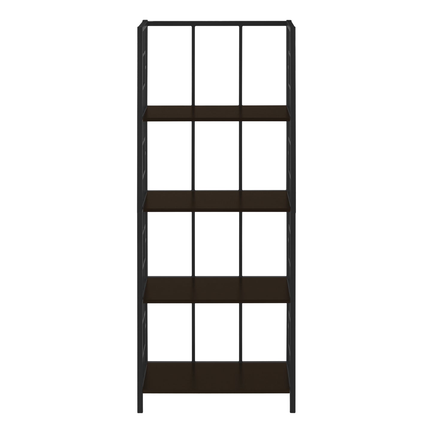 Black metal industrial bookshelf with dark wood shelves