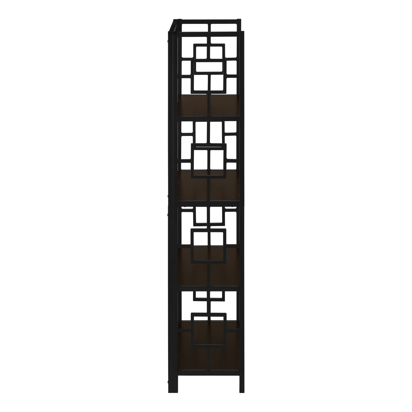 Black metal bookshelf with geometric cutouts and dark wood shelves