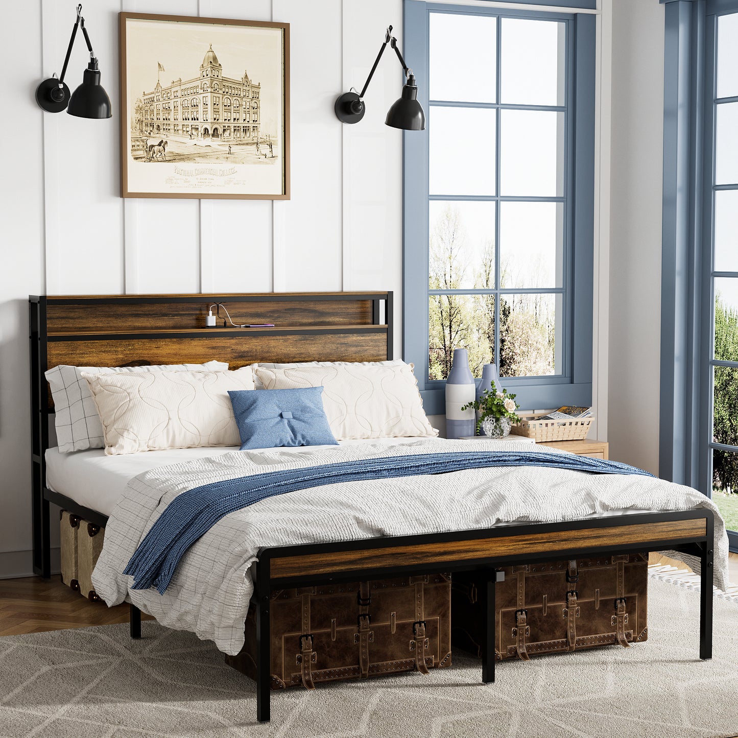 Rustic wooden headboard bed frame with integrated shelf and charging ports