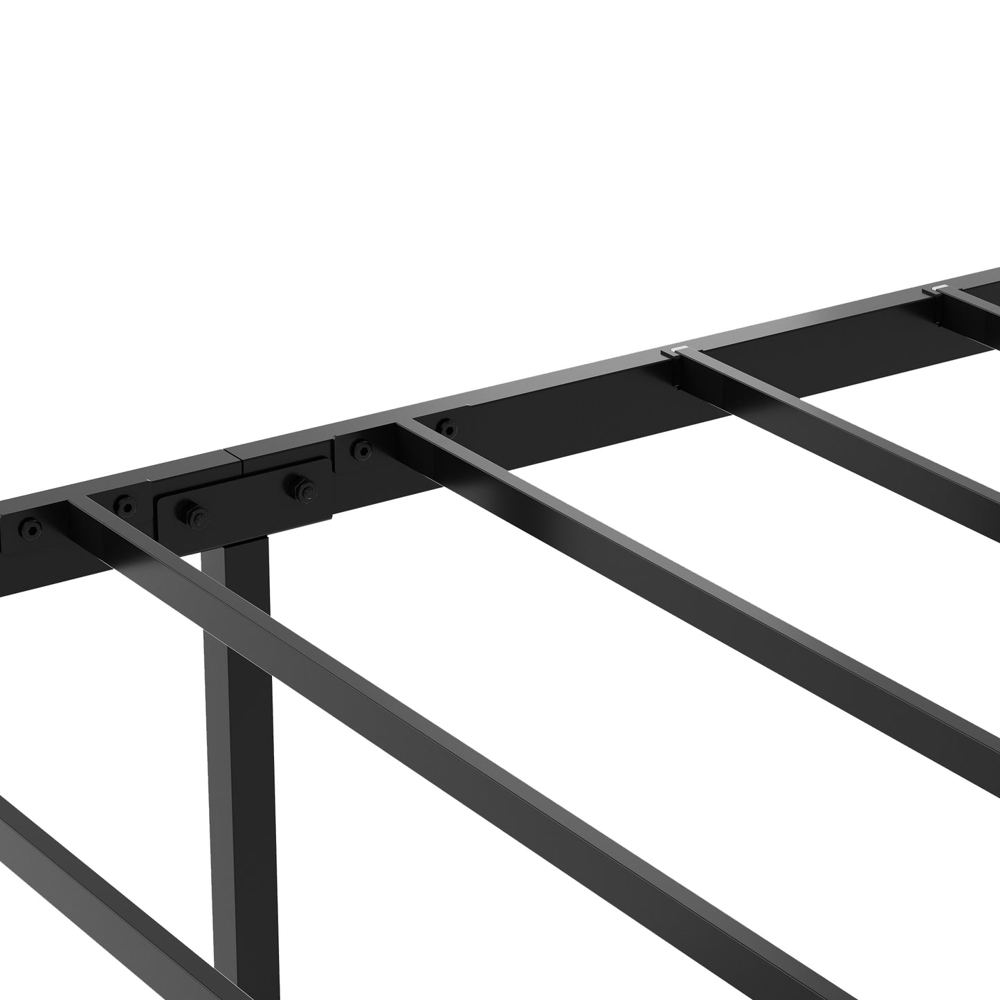 Black metal bed frame construction with bolted connections and support slats