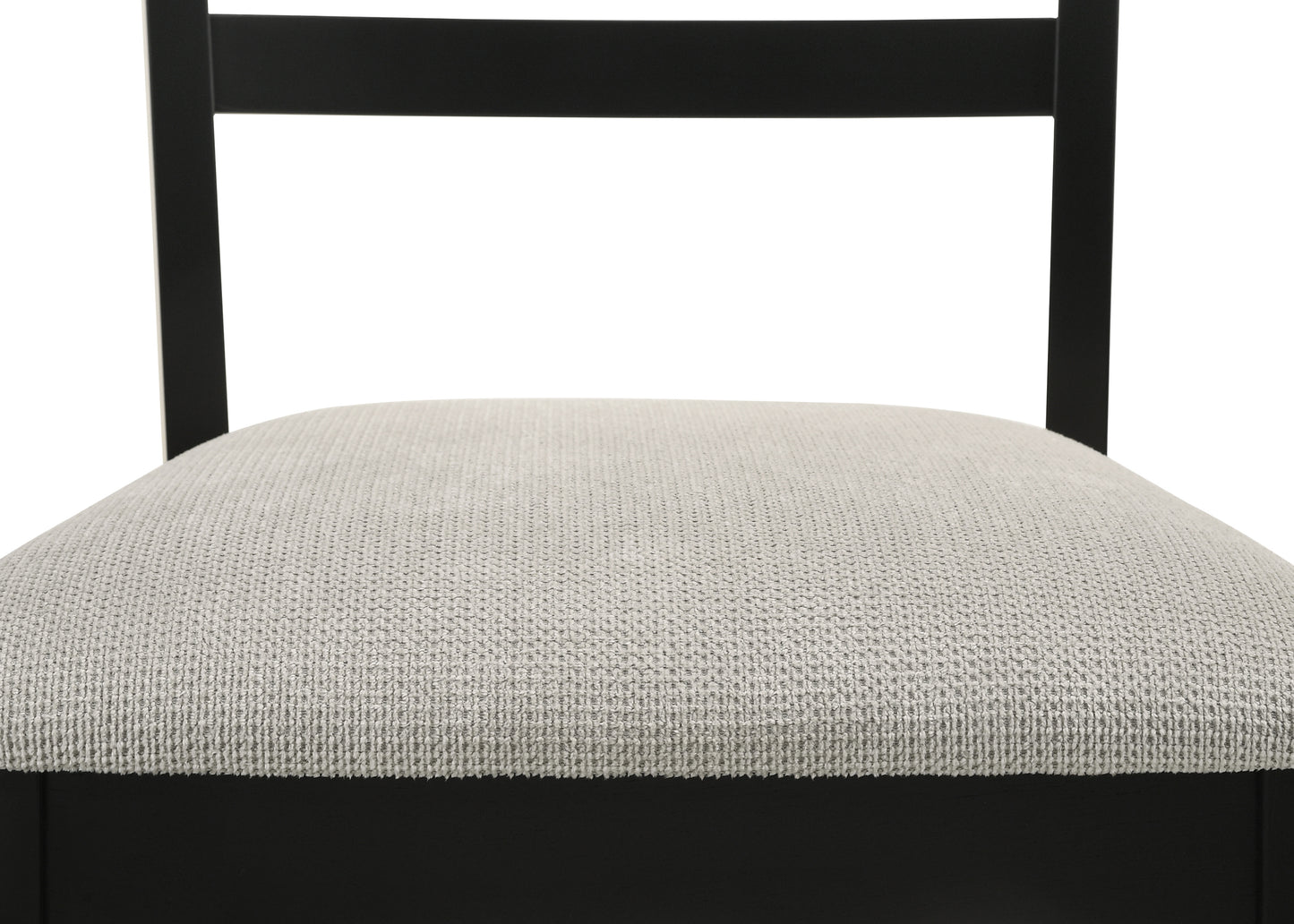 Black wooden dining chair with a light grey textured fabric seat