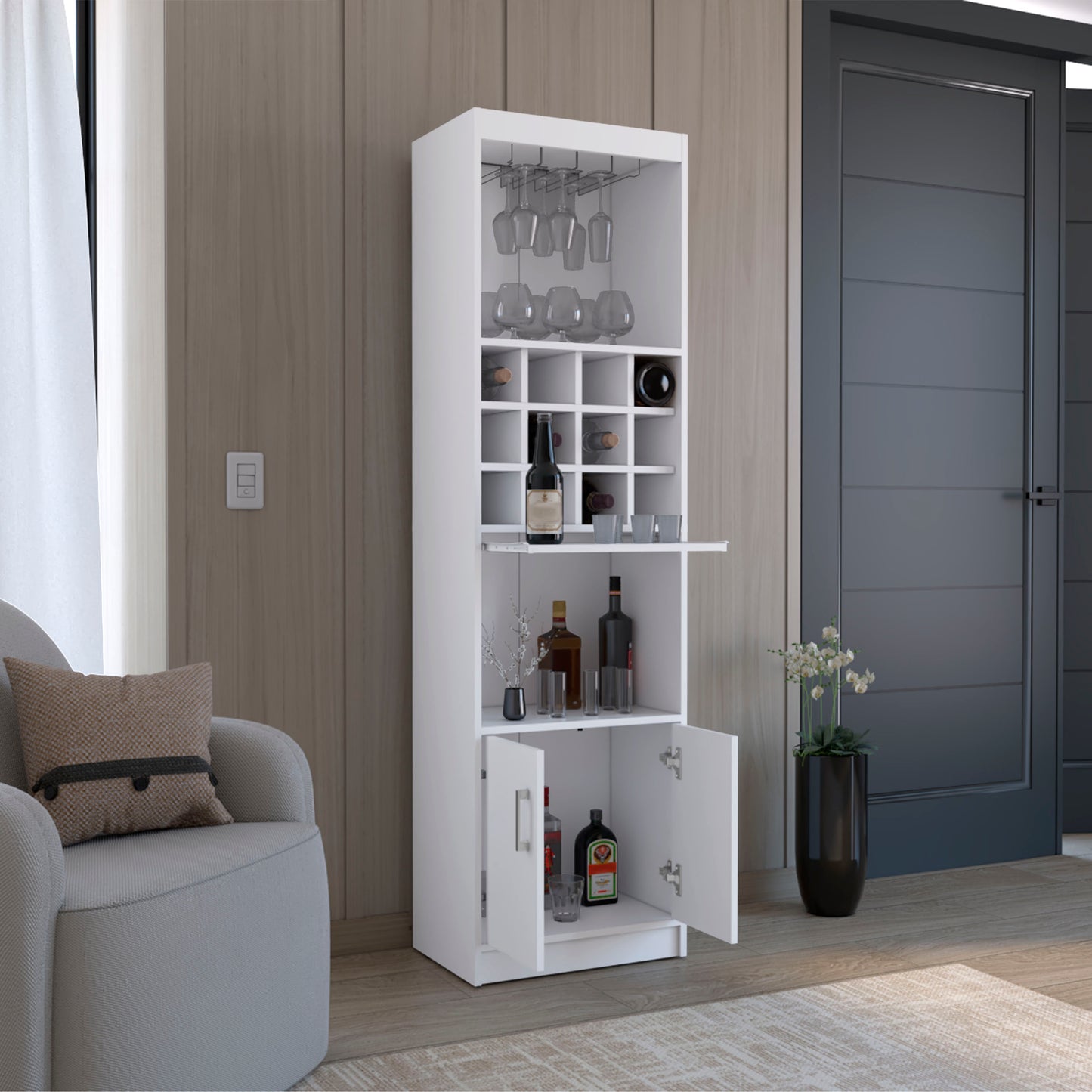 Modern white bar cabinet with wine rack and glass holders