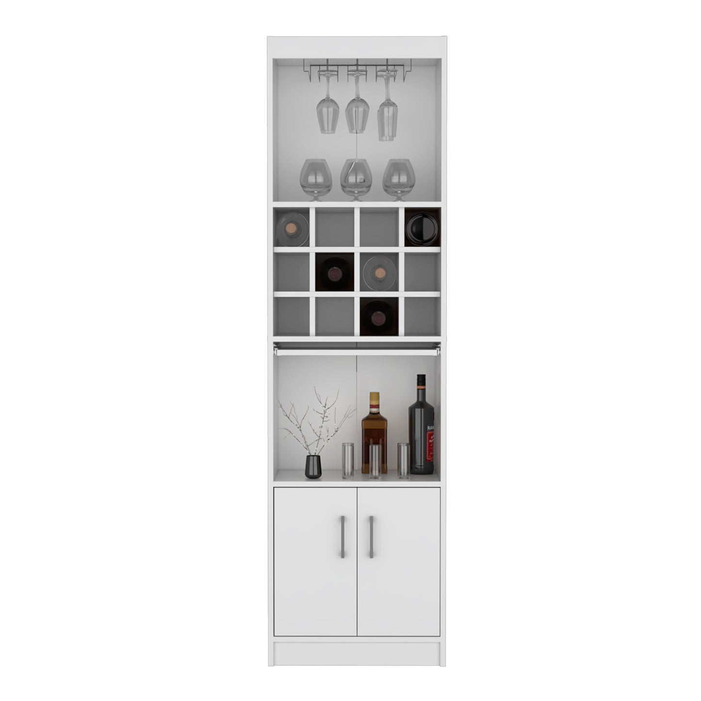 White modern bar cabinet with glass stemware rack and wine bottle cubbies