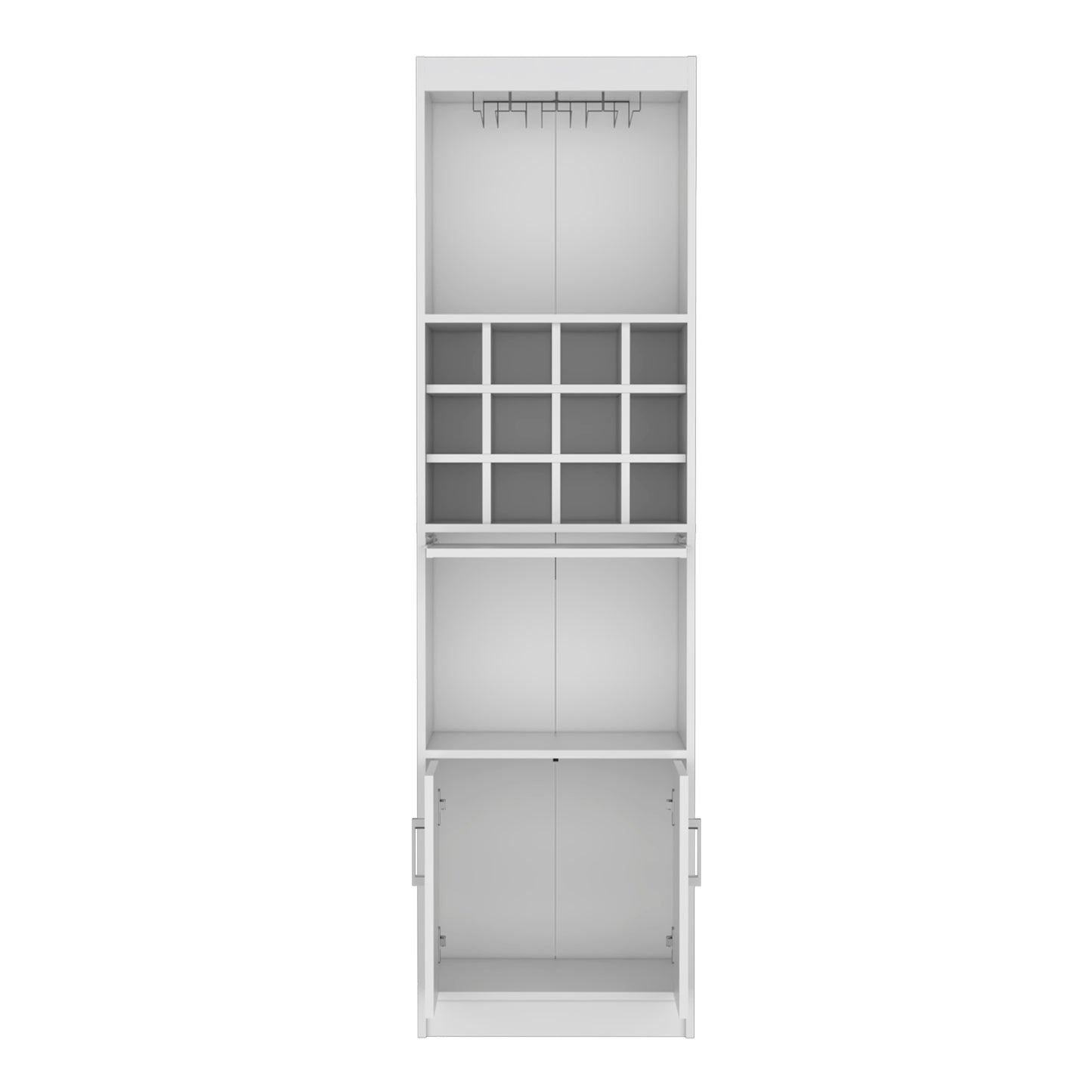 Modern white tall storage cabinet with wine glass rack and cubbies