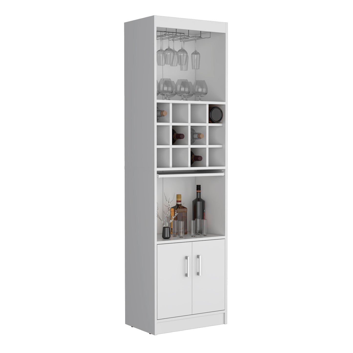 Tall white bar cabinet with glass rack and wine bottle storage