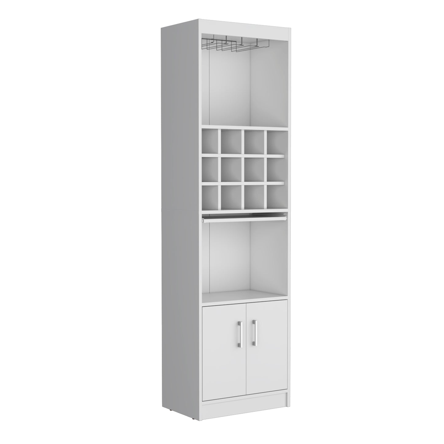 Tall white pantry cabinet with wine glass rack and bottle cubbies