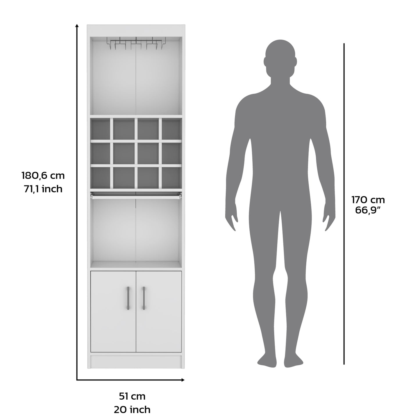 Tall white storage cabinet with wine racks and dual doors