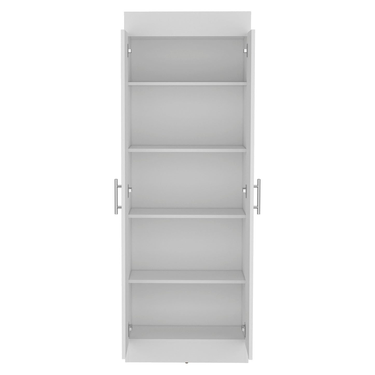 White tall storage cabinet with four shelves and silver handles