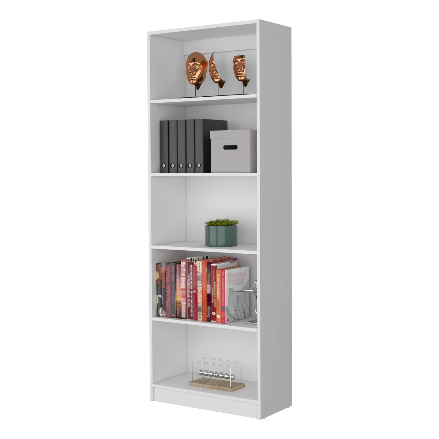White modern bookcase with bronze face sculptures