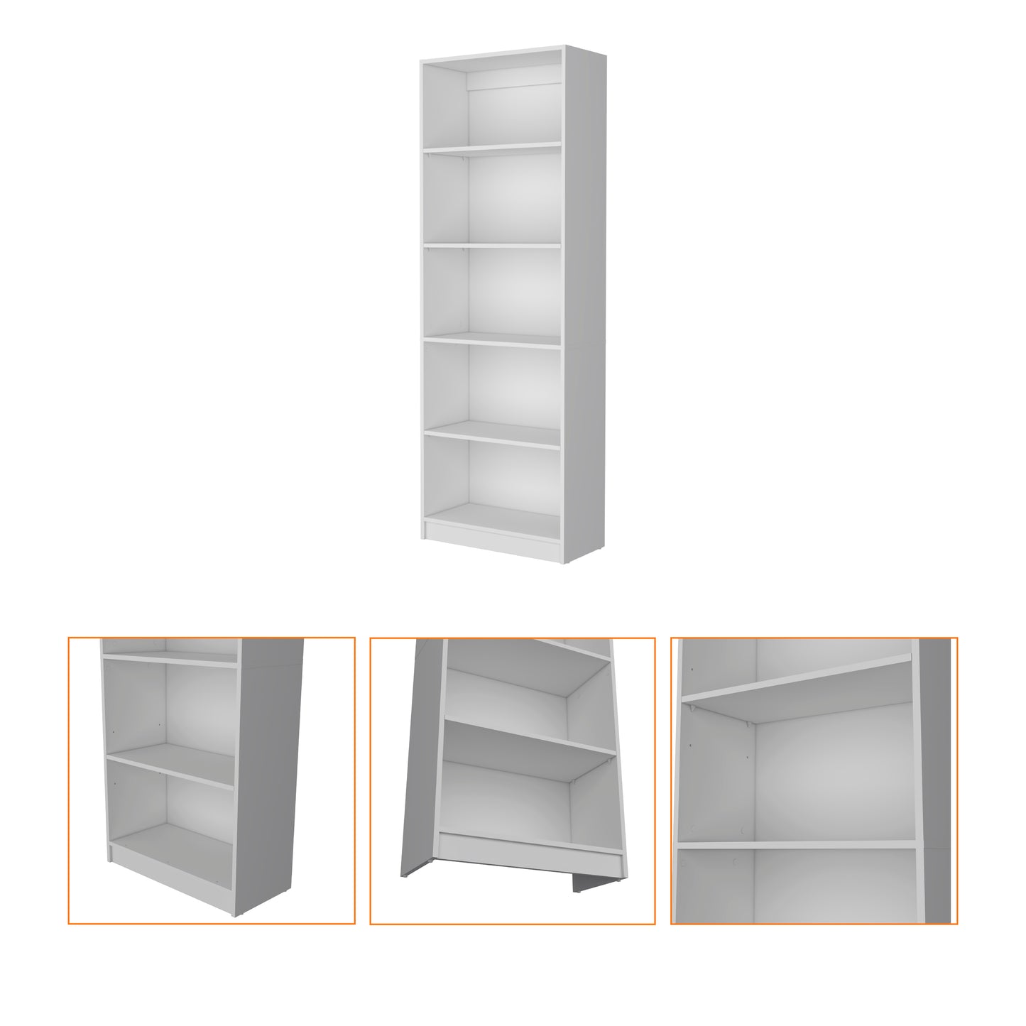 White fiveshelf bookcase with clean lines and open design