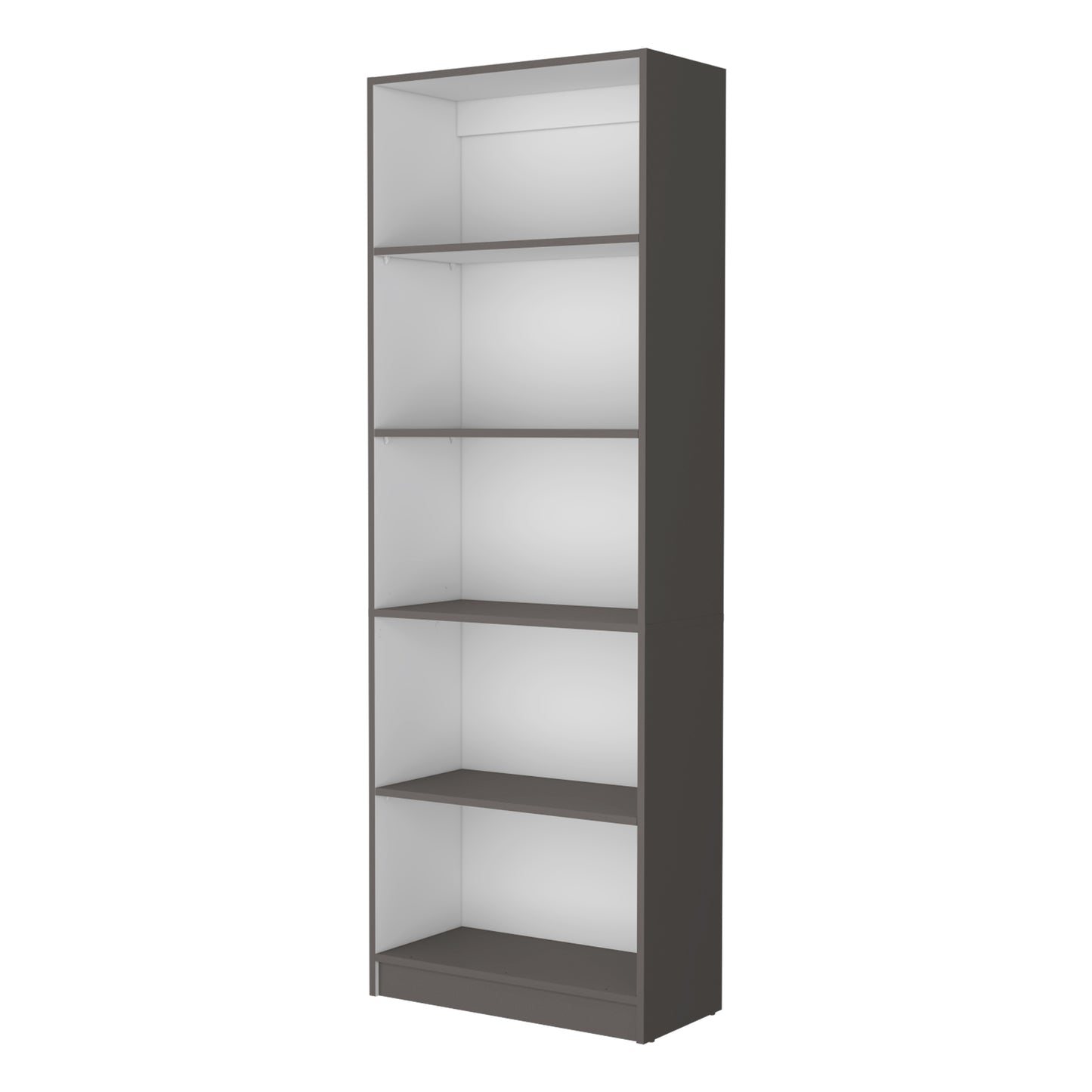Tall gray bookshelf with five open shelves perfect for home or office