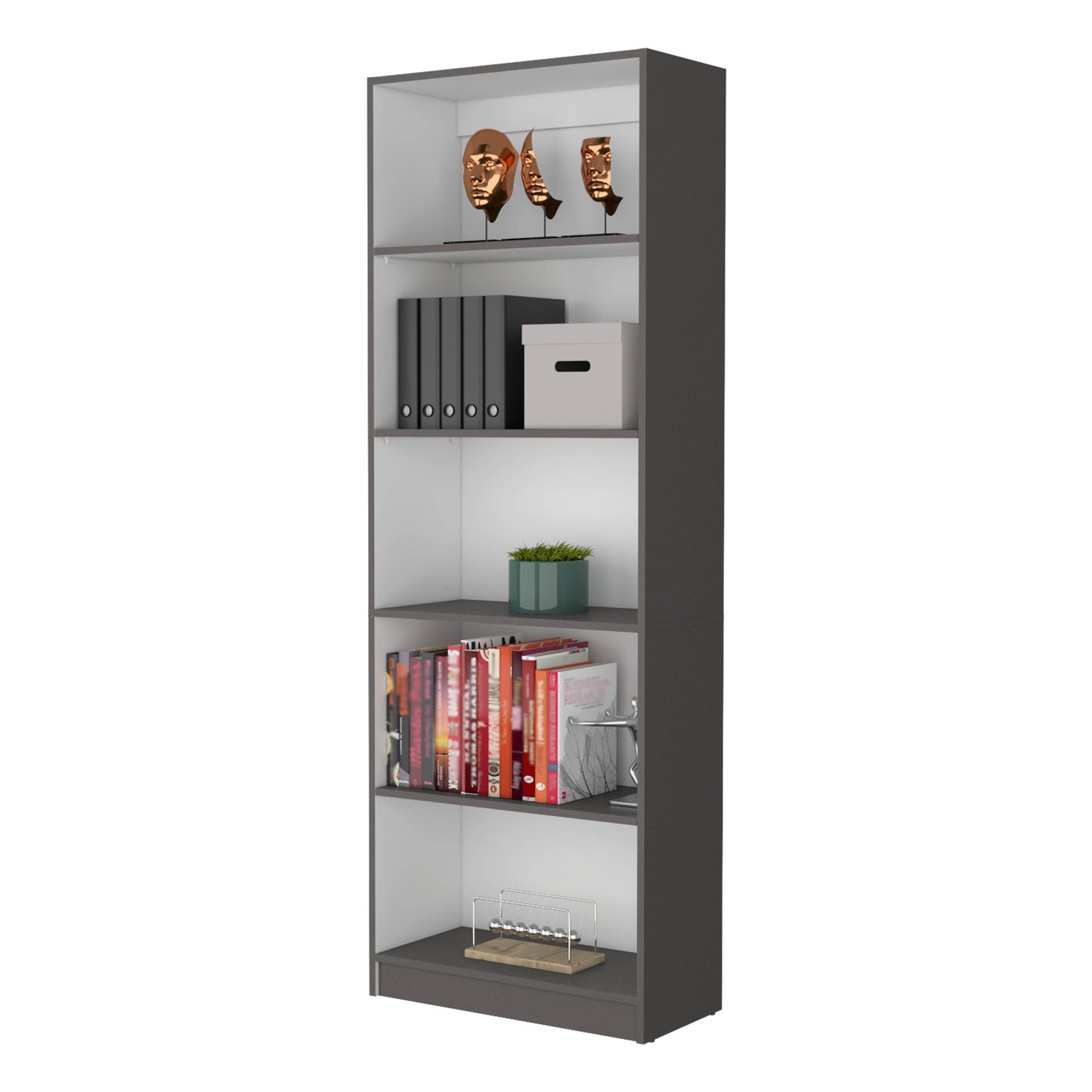 Modern gray and white shelf bookcase with decorative sculptures