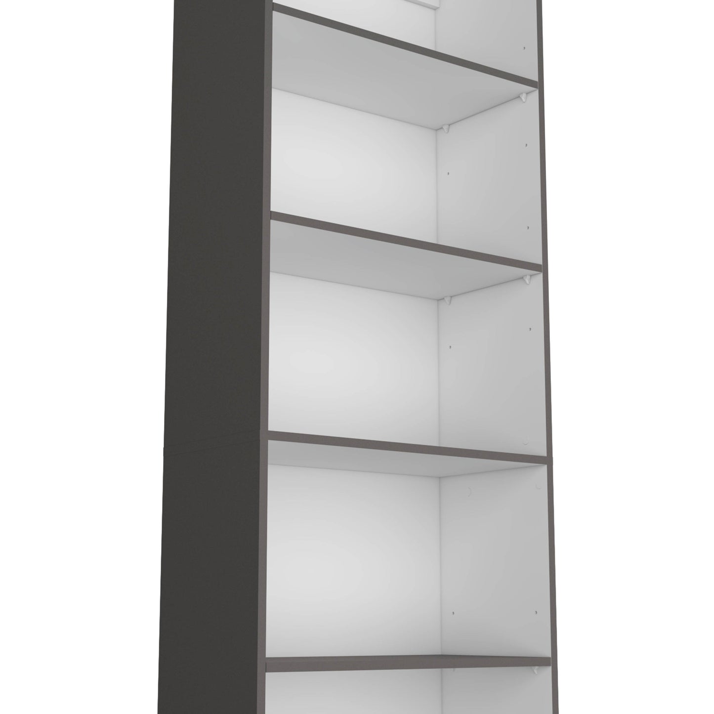 Tall dark grey bookshelf with five white shelves
