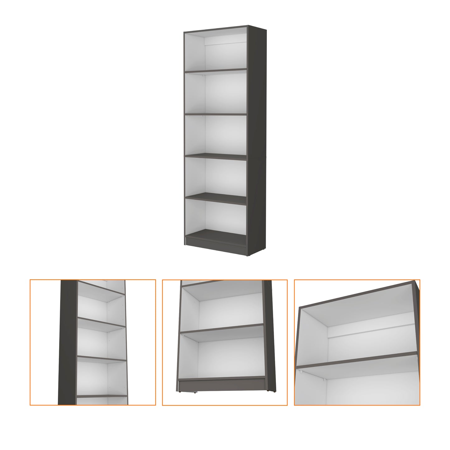 Tall grey bookcase with five white shelves for modern living room organization