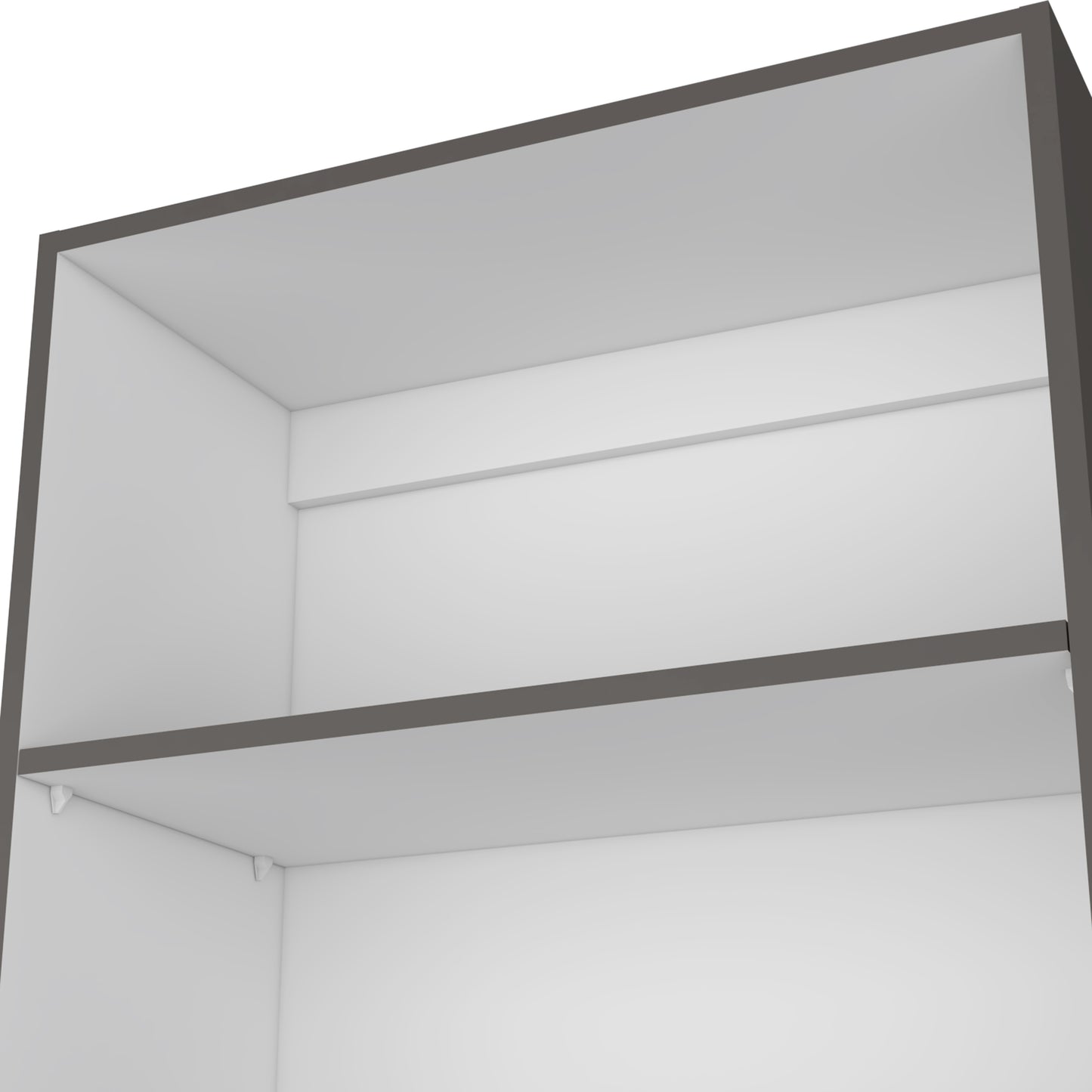 Closeup view of a modern white bookshelf interior with dark gray trim