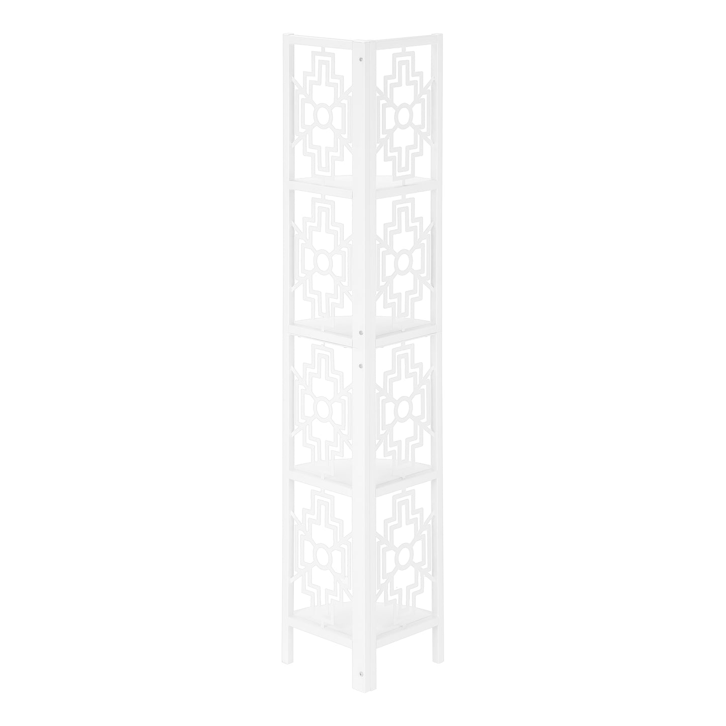 White corner shelf with geometric cutouts and four tiers