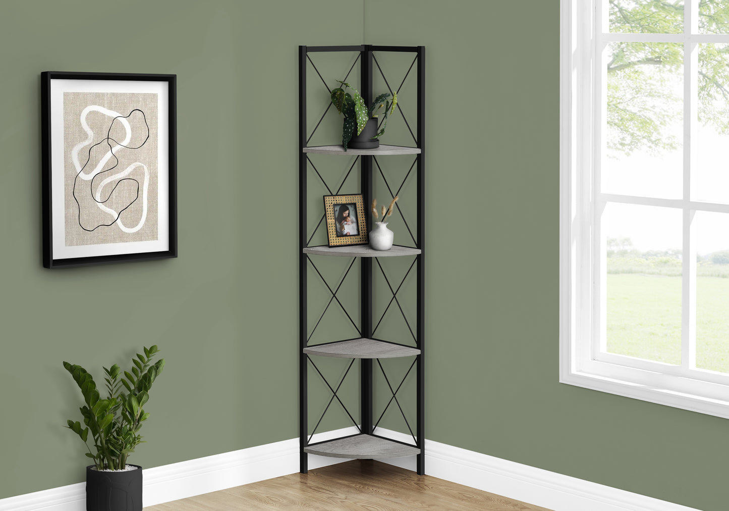 Black metal tier corner shelf with grey woodlook shelves