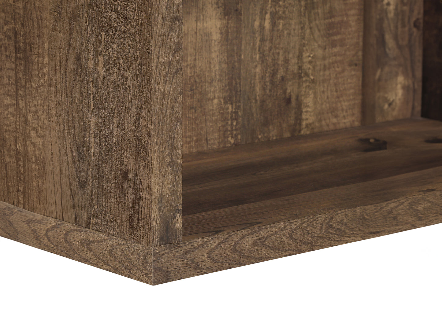 Rustic oak wood grain on a furniture shelf
