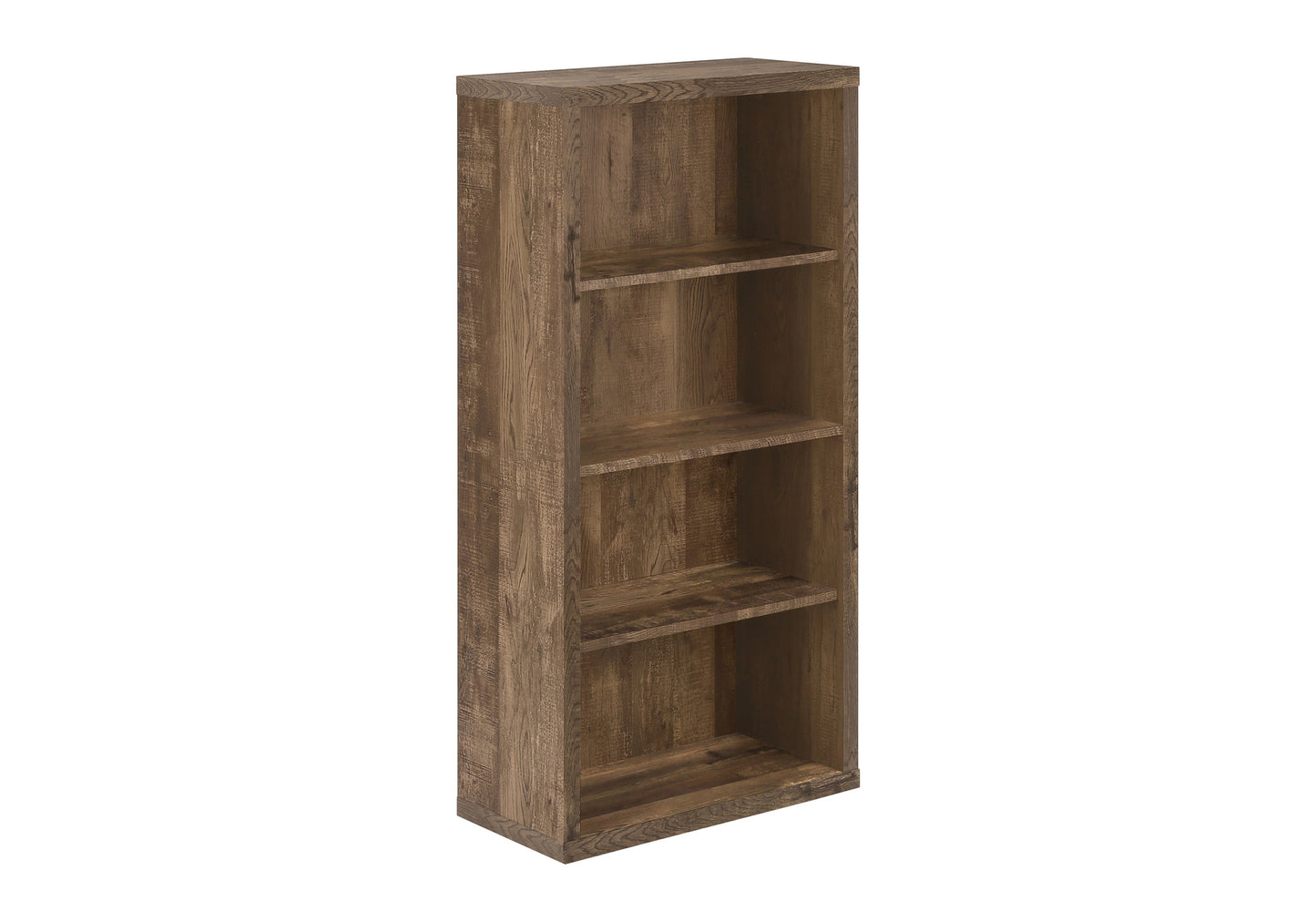 Tall brown wood bookcase with three open shelves for storage