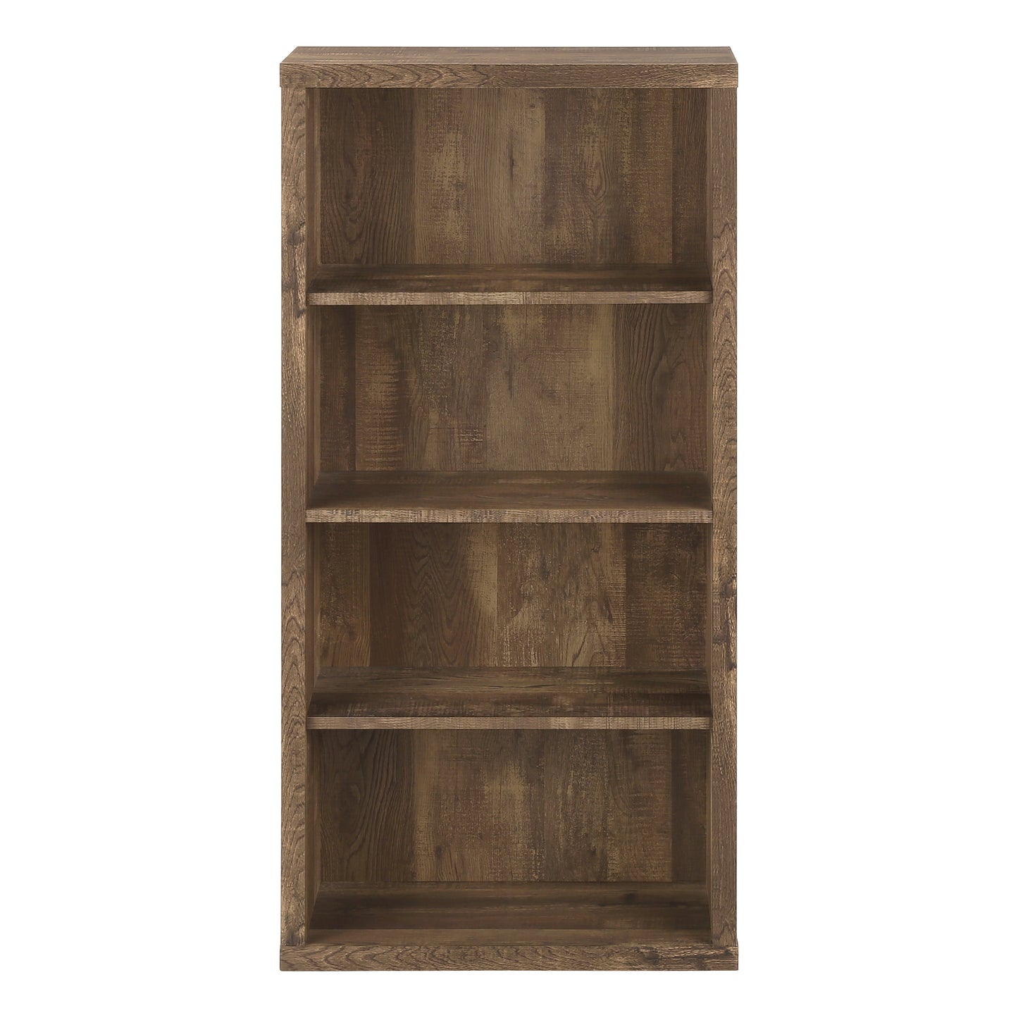 Rustic brown wood bookshelf with four open shelves