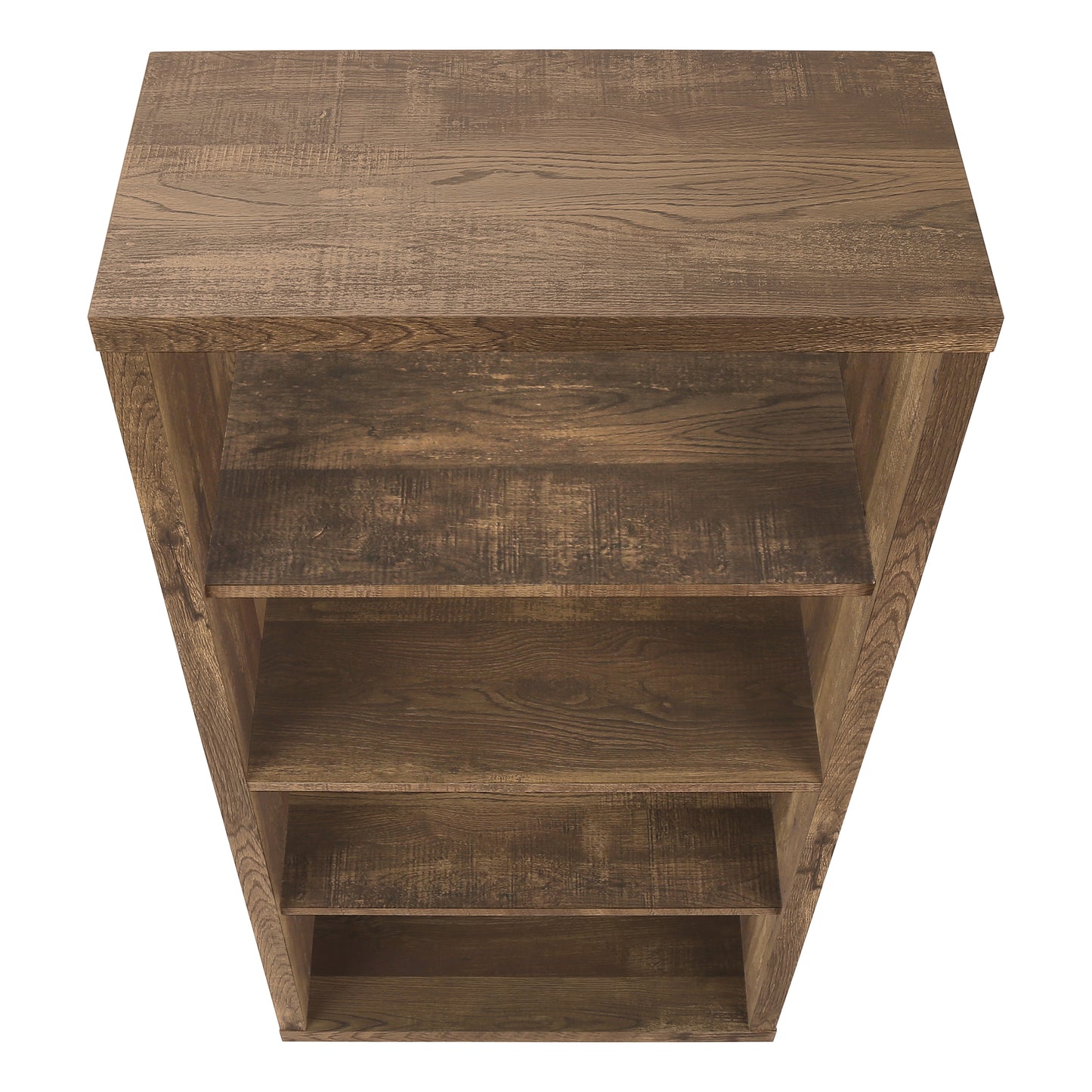 Rustic brown wood tall bookshelf with five open shelves