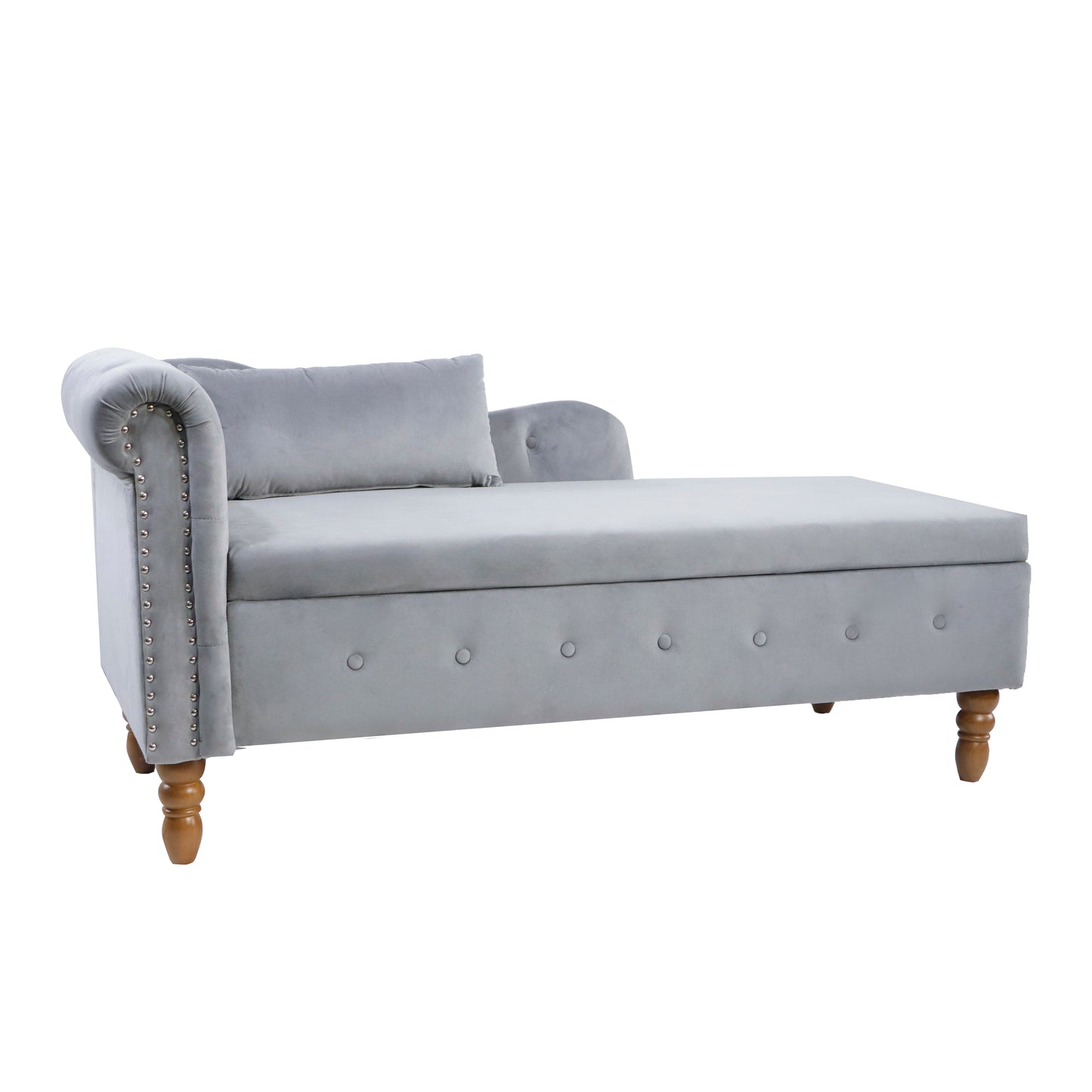 Light gray velvet chaise lounge with tufted buttons and silver nailhead trim