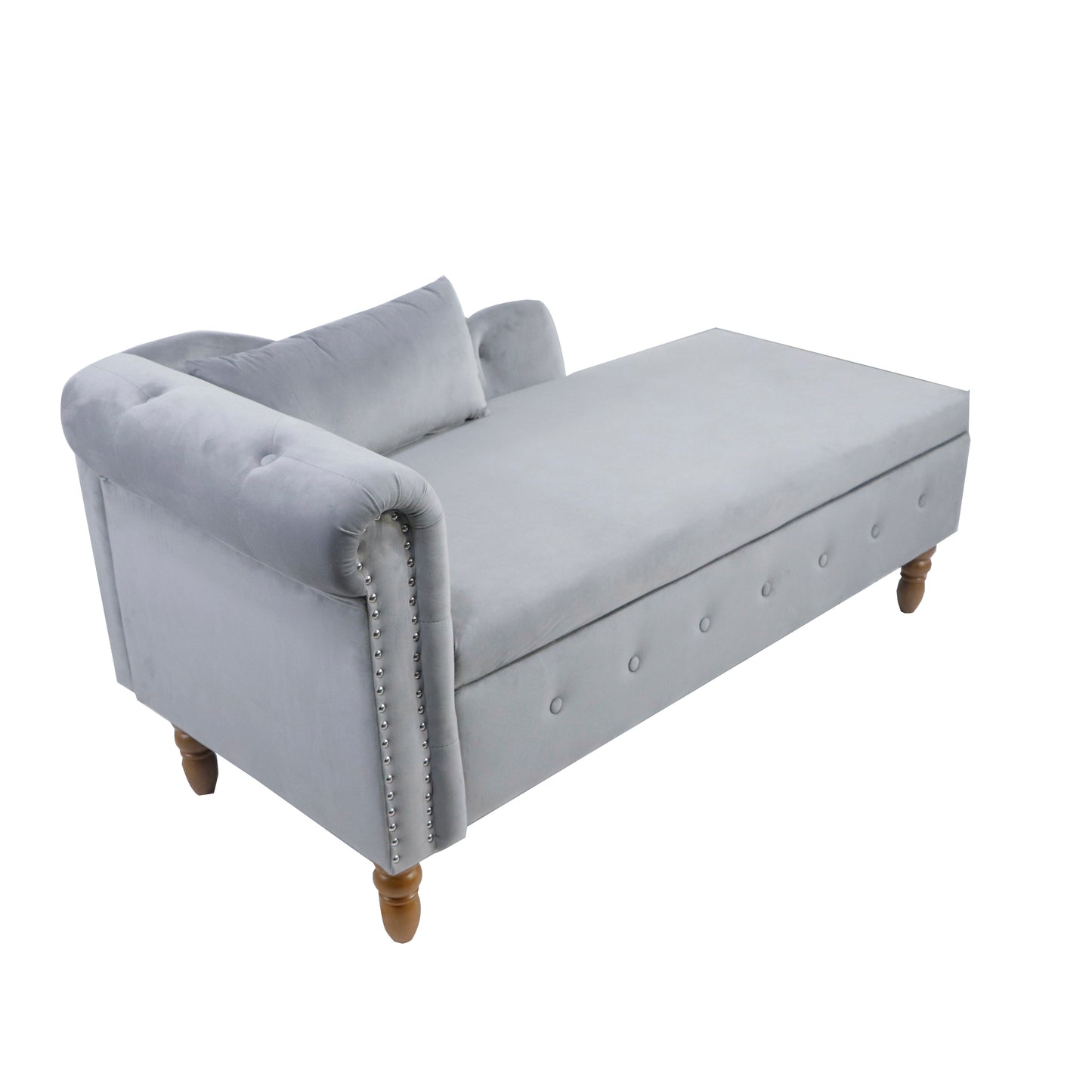 Light grey velvet chaise lounge with tufted buttons and nailhead trim